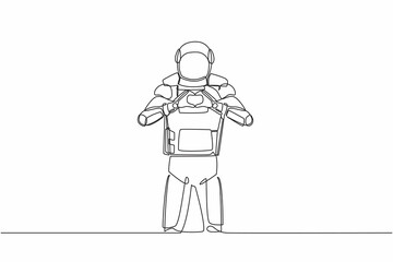 Poster - Single continuous line drawing of young astronaut standing with making love sign, heart symbol in front of chest. Cosmonaut deep space concept. Dynamic one line draw graphic design vector illustration