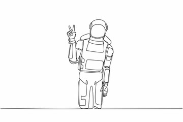 Poster - Continuous one line drawing young astronaut standing with v symbol, victory sign, success or winner gesture in moon surface. Cosmonaut outer space. Single line draw graphic design vector illustration