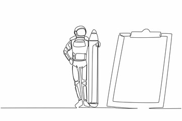 Poster - Single continuous line drawing of young astronaut holding big pencil and looking clipboard in moon surface. Expedition document. Cosmonaut deep space. One line draw graphic design vector illustration