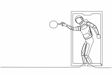 Poster - Single one line drawing young astronaut basketball player shooting ball out of smartphone screen. Online basketball games. Cosmic galaxy space. Continuous line draw graphic design vector illustration