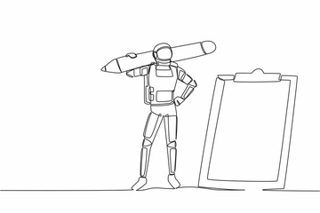 Poster - Single continuous line drawing young astronaut carrying big pencil and looking clipboard in moon surface. Checklist of spaceship duty. Cosmonaut deep space. One line graphic design vector illustration