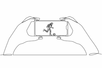 Poster - Continuous one line drawing football league live streaming on mobile phone. Man hand holding smartphone and watch spaceman football match. Cosmonaut outer space. Single line design vector illustration