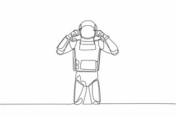 Poster - Single continuous line drawing of young astronaut covering ears with fingers with annoyed expression for noise of loud sound or music. Cosmonaut deep space. One line graphic design vector illustration