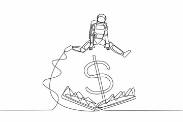Poster - single one line drawing astronaut jumping over money pitfall with big money dollar symbol. financial