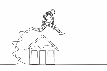 Poster - Single continuous line drawing astronaut jumping over house in moon surface. Housing loan real estate investment in outer planet. Cosmonaut deep space. One line draw graphic design vector illustration