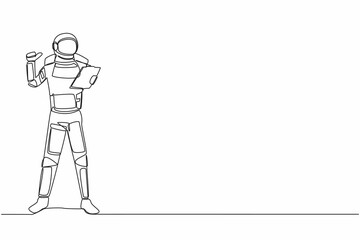 Poster - Single continuous line drawing young astronaut holding clipboard and showing thumbs up gesture in moon surface. Cosmonaut deep space concept. Dynamic one line draw graphic design vector illustration