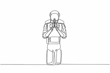Poster - Single one line drawing young astronaut standing with holding palms in prayer. Spaceman emotion, body language gesture. Cosmic galaxy space concept. Continuous line graphic design vector illustration