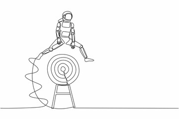 Poster - Single continuous line drawing young astronaut jumping on big archery bullseye target. Achievement and goals in spaceship expedition. Cosmonaut deep space. One line graphic design vector illustration