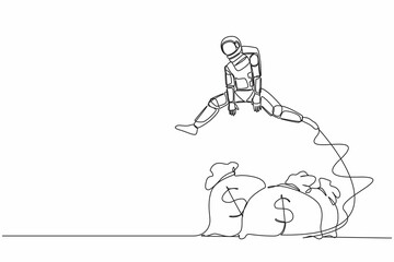 Poster - Continuous one line drawing astronaut jumping over money bag. Loan capital funding for space company, money help in crisis. Cosmonaut outer space. Single line draw graphic design vector illustration