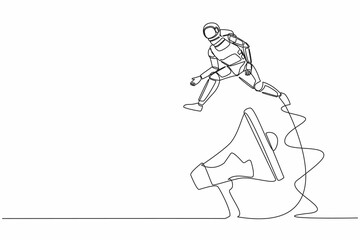 Poster - Continuous one line drawing young astronaut jumping over big megaphone. Loudspeaker technology. Announcement in space office control. Cosmonaut outer space. Single line draw design vector illustration