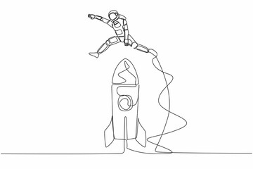 Poster - Single continuous line drawing young astronaut jumping over big spacecraft rocket. Successful galactic expedition launch preparation. Cosmonaut deep space. One line graphic design vector illustration