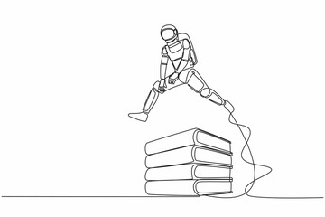 Poster - Single continuous line drawing astronaut jump over pile of binders. Spaceship expedition paperwork document. Information classification. Cosmonaut deep space. One line draw design vector illustration