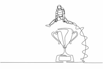 Poster - Continuous one line drawing young astronaut jumping over big trophy. Challenge or succeed in spaceship business competition. Cosmonaut outer space. Single line draw graphic design vector illustration