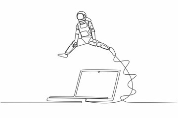 Poster - Single continuous line drawing young astronaut jumping over laptop computer. Office system information tech in spaceship exploration. Cosmonaut deep space. One line graphic design vector illustration