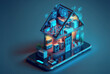 © The 2R Artificiality - Smartphone screen with smart home technologies on a blue backdrop. Internet of things isometric conceptual image. Digital Residence utilizing a mobile phone's fingerprint to get access to IOT systems