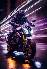Wall Mural - Biker rides on high speed in the night. City lights blurred in motion. Generative art