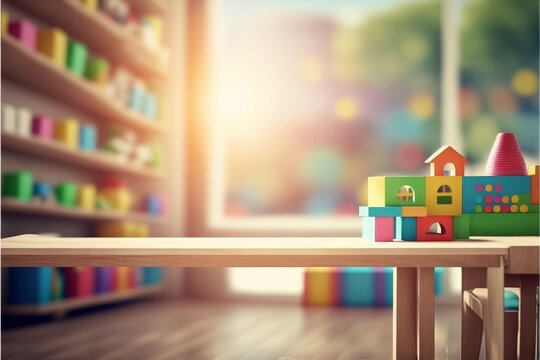Wooden desk on blurred child room or kindergarten interior background