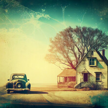 Retro Landscape Of House And Car In Countryside With Vintage Effect