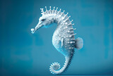 Fototapeta  - Illustration of a white seahorse on a blue backdrop. Generative AI