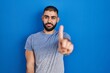 © Krakenimages.com - Middle east man with beard standing over blue background pointing with finger up and angry expression, showing no gesture