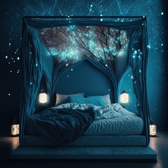 illustration glowing fairy lights over a big blue canopy bed made with generative ai