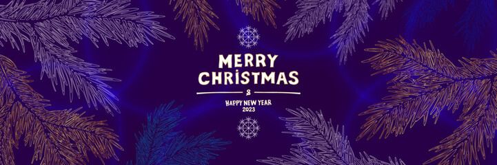 Wall Mural - Merry Christmas and Happy New Year 2023. Banner with stylized spruce branches, light reflections on a purple background