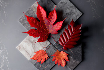 Poster - Autumn flat lay composition in shades of red and gray Autumn leaves and plaid on a gray marble backdrop Anime style flat lay, top view with copy space. Generative AI