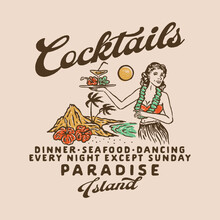 Hula Girls Illustration Cocktails Graphic Paradise Design Hawaiian Vintage Beach Surf