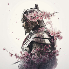 Canvas Print - Samurai concept with cherry blossom from Japan. Designed using Generative AI