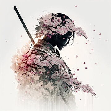 Wall Mural -  - Samurai concept with cherry blossom from Japan. Designed using Generative AI