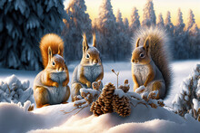 Fluffy Squirrels In A Fabulous Winter Forest. Winter Wonderland Landscape. Digital Art	