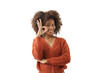 Afro African American young woman gesture ok smiling confidence, looking toward camera, reassure expression, happy with copy space isolate in white background. 