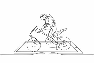 Poster - continuous one line drawing young astronaut biker wearing helmet, riding motorcycle on smartphone sc