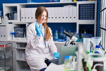 Sticker - Young caucasian woman scientist smiling confident having video call at laboratory