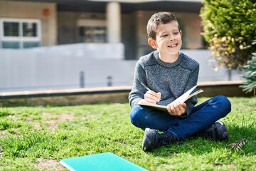 Poster - Blond child writing on book sitting on grass at park