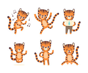 Wall Mural - Cute Little Tiger with Striped Coat Engaged in Different Activity Vector Set