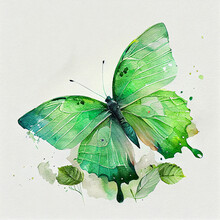 Abstract Watercolor Green Butterfly. Digital Illustration. AI