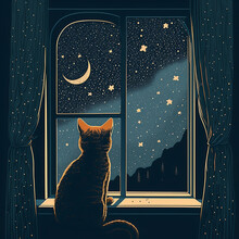 A Alone Cat Watching Moon