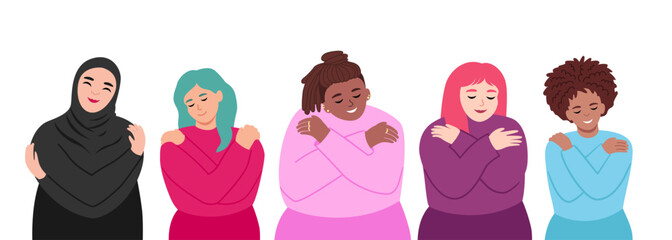 Group of diverse women hugging themselves. Activism concept embrace equity and self love. Colorful vector illustration.