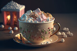 Delicious looking festive mug of hot chocolate topped with marshmallows