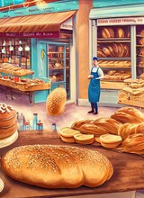 Bakers, Bread And Pastry Fictional Work Environment Scene.