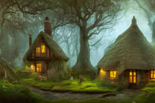 Witch's Cottage In The Woods. Mysterious Fairytale Cottage Created With Generative AI Technology.