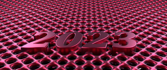 Wall Mural - Stylish metal grid background in magenta with Year 2023, 3d rendering