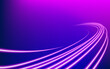 Abstract wallpaper of blue and purple lines trails with motion blur effect in the dark, texture of neon light, cover background. Technology dynamic concept of energy speed road for banner or flyer.