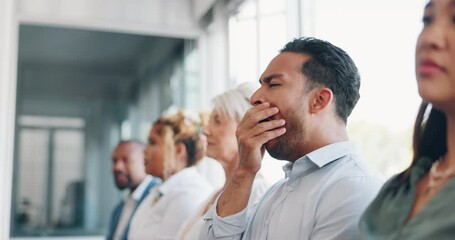 Canvas Print - Tired, yawn and sleepless with a business man sitting in a meeting or presentation with his team for development. Yawning, exhausted and bored with a male employee suffering from insomnia at work