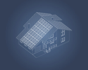 Wall Mural - Contemporary  suburban house  with roof solar panels. Isolated 3D vector. Blueprint.