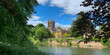 Looking across the River Wye to Hereford Cathedral on a beautiful spring day in Hereford, Herefordshire, UK. A mobile phone photo with some phone or tablet post processing.