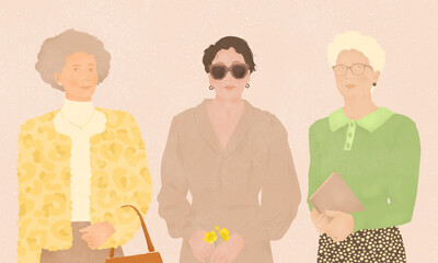 a group of three stylish elegant multi ethnic mature women cool grandmothers wearing fashionable clothes