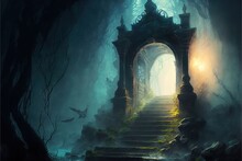End Of A Tunnel To A Dark Mystical Stairs In A Fairy Fantasy Forest. Digital Illustration. Generative AI