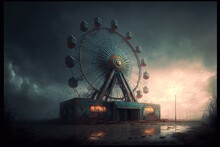 An Abandoned Carnival With A Ferris Wheel On A Cloudy Day. Digital Illustration. AI